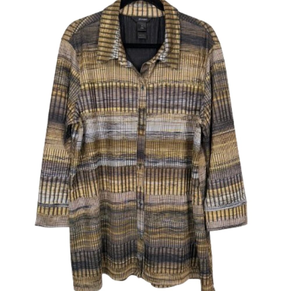 Ali Miles NWOT Stretch Cardigan Tunic Button Front Gold/Gray Striped Size XL